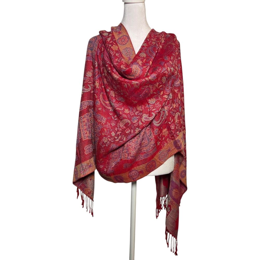 Red Pashmina Style Shawl Wrap Scarf Boho Paisley Floral Folklore Folk Art Fringe